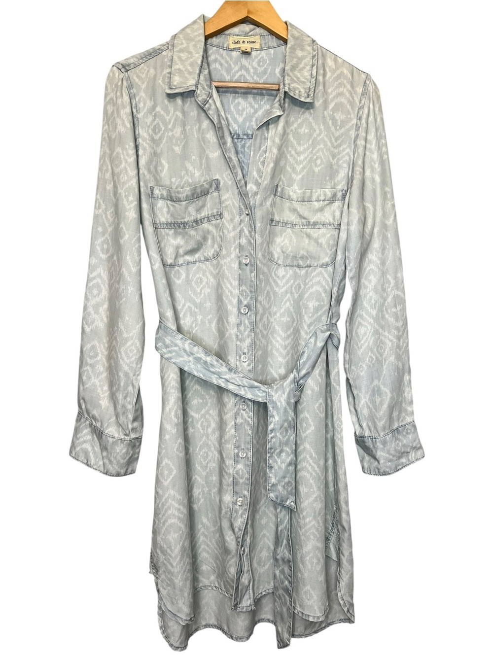 Anthropologie Light Blue Ikat-Print Chambray Tencel Midi Shirt Dress Medium